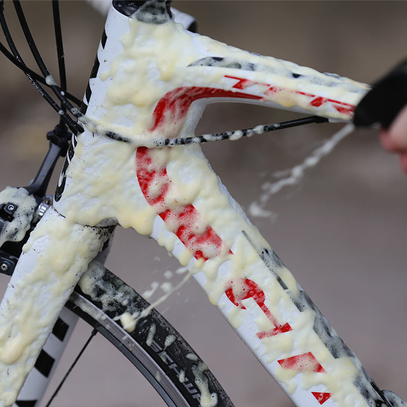 Person cleaning their bike with Tru-Tension's Gel Bike Cleaner